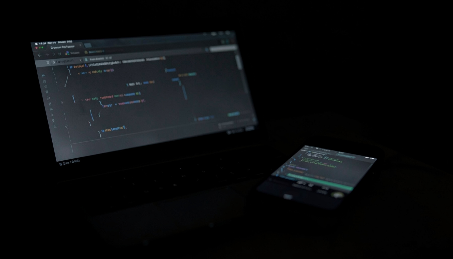 Dark low-key photograph of a laptop screen beside a smartphone, both showing abstract debugging interface elements in muted blue tones against deep shadow